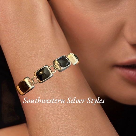 Navajo Jewelry - Southwestern Vintage Estate Solid Black Onyx .925 Sterling Silver Link Bracelet